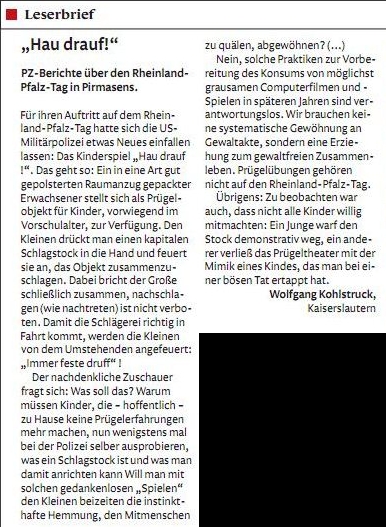 Leserbrief von Wolfgang Kohlstruck in der Pirmasenser Zeitung 