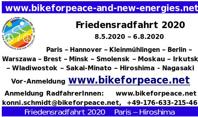 Aufkleber: «Friedensradfahrt 2020. 8. Mai bis 6. August 2020...».