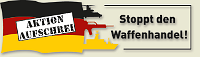 Logo: Schwarz-Rot-Gold-Fahne franst aus in stilisierte Kriegswaffen. »Aktion Aufschrei – Stoppt den Waffenhandel!«