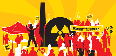 Grafik, Plakat: Symbolisches AKW, Protestler. »Atomkraft? Nein Danke!«