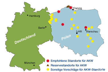 Karte Deutchland und Polen. AKW-Standorte in Polen.